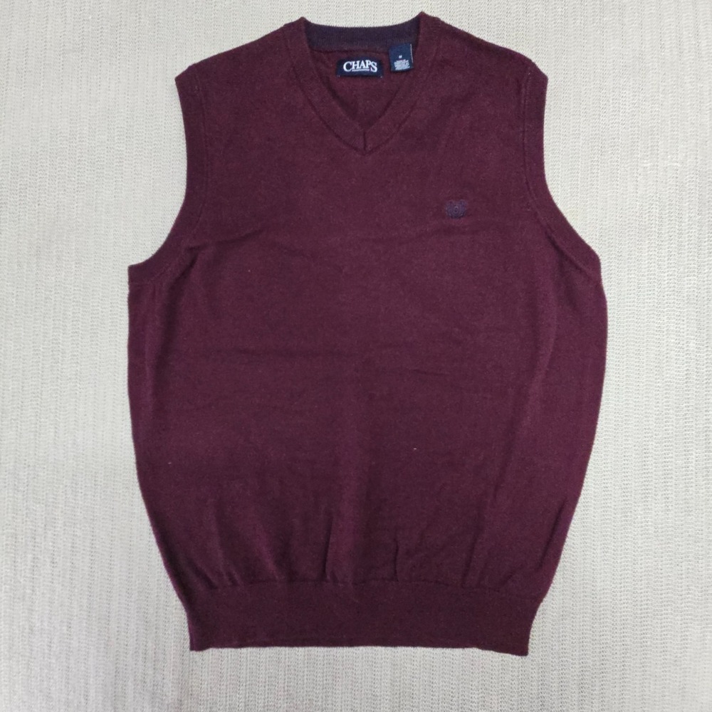 Chaps Sweater Vest Mens Medium GRed Maroon V Neck Knit Logo Sleeveless